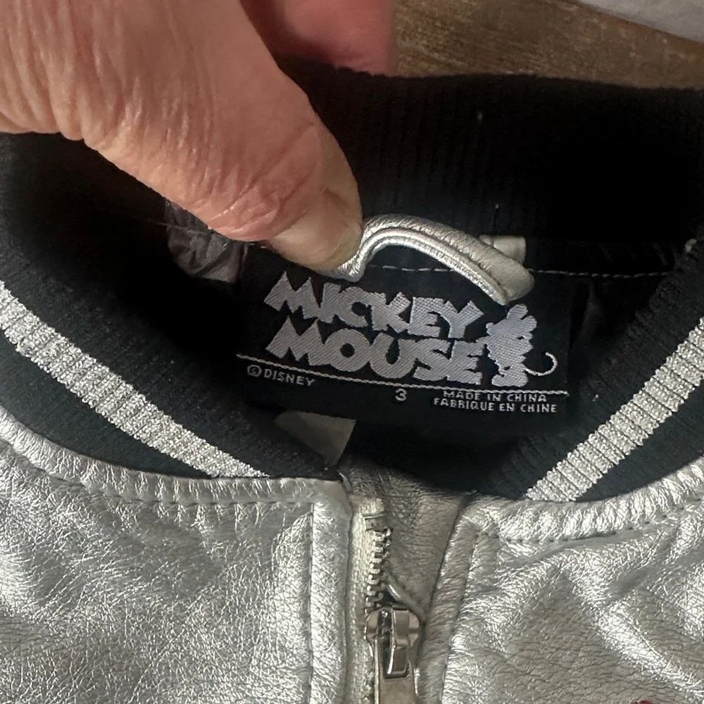Disney Silver Metallic Bomber Jacket with Black Trim and Minnie Patch
